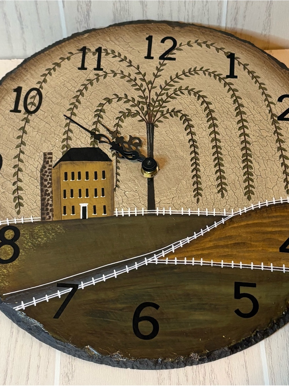 Vintage Hand-Painted Rustic Willow Tree Wall Clock Farmhouse Cottagecore 12 inch